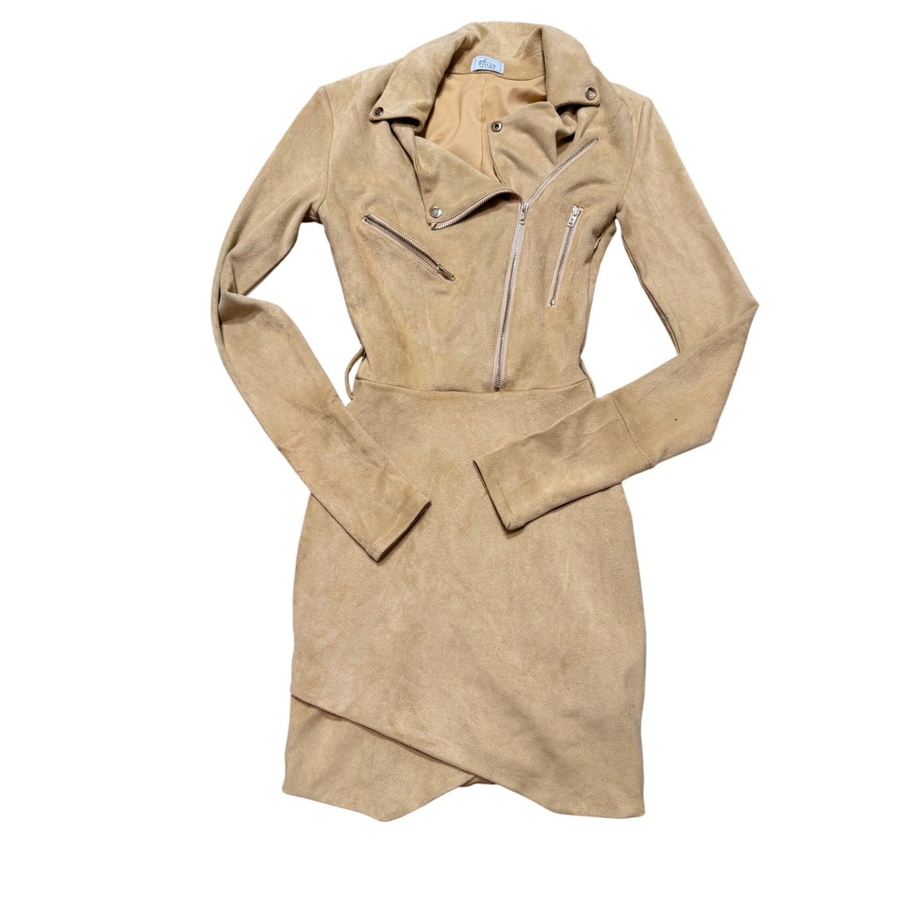Oh Polly Tan Faux Suede Moto Mini Dress Asymmetric Zip Bodycon US 0 UK 4